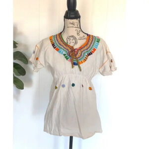 Mexican Tunic Top embroidered Blouse Handmade Hippie‎ Boho One Size (S-L)